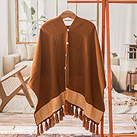Handloomed poncho, 'Sepia Zigzag' - Handloomed Sepia Poncho with Tassels & Cotton Zigzag Accent