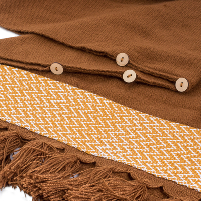 Poncho tejido a mano - Poncho Sepia tejido a mano con borlas y acento en zigzag de algodón