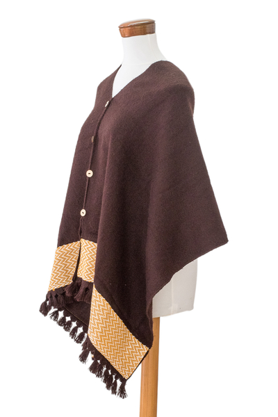 Handloomed poncho, 'Chocolate Zigzag' - Handloomed Poncho with Decorative Buttons from Guatemala