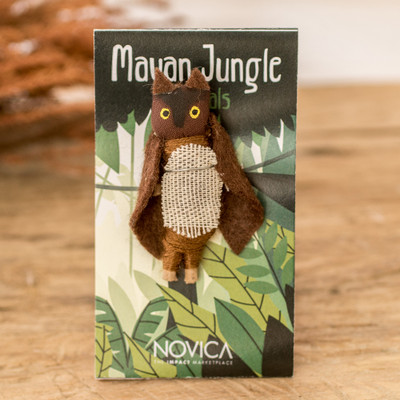 Muñeca de preocupación de algodón, 'Night Owl' - Muñeca de preocupación de búho de algodón y fibra natural hecha a mano en marrón