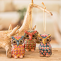 Wood ornaments, 'Enchanting Owls' (set of 3) - Handcrafted Pinewood Owl Ornaments from Guatemala (Set of 3)