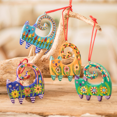 Ceramic ornaments, 'Festive Felines' (set of 4) - Hand-Painted Cat-Themed Floral Ceramic Ornaments (Set of 4)