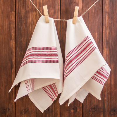 Cotton napkins, 'Seasonal Stripes' (pair) - Striped 100% Cotton Napkins in Crimson and White Hues (Pair)