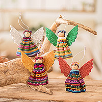 Cotton ornaments, 'Celebration Angels' (set of 4) - Set of 4 Angel-Themed Colorful Cotton Worry Doll Ornaments