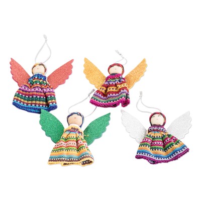 Cotton ornaments, 'Celebration Angels' (set of 4) - Set of 4 Angel-Themed Colorful Cotton Worry Doll Ornaments