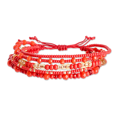 Multi-strand beaded bracelet, 'Vibrant Radiance' - Red and Gold Handmade Multi-Strand Glass Beaded Bracelet