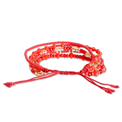 Multi-strand beaded bracelet, 'Vibrant Radiance' - Red and Gold Handmade Multi-Strand Glass Beaded Bracelet