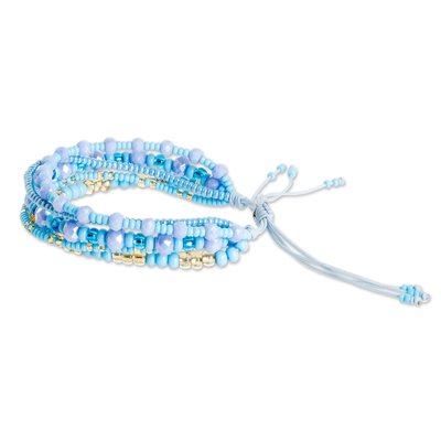 Multi-strand beaded bracelet, 'Serene Radiance' - Handmade Multi-Strand Glass Beaded Bracelet in Light Blue