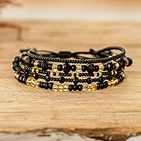 Multi-strand beaded bracelet, 'Sophisticated Radiance' - Black and Gold Handmade Multi-Strand Glass Beaded Bracelet