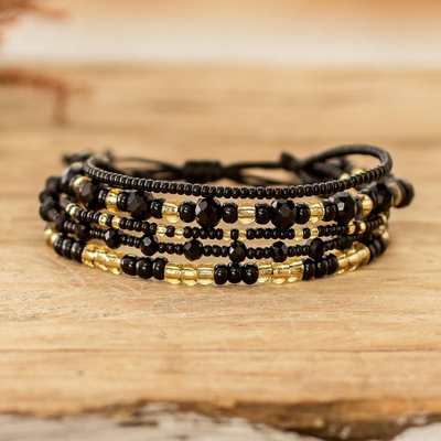 Multi-strand beaded bracelet, 'Sophisticated Radiance' - Black and Gold Handmade Multi-Strand Glass Beaded Bracelet