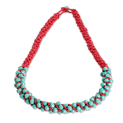 Beaded torsade necklace, 'Aqua Magic' - Handmade Glass Beaded Torsade Necklace in Aqua and Burgundy