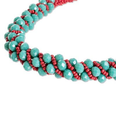 Torsade-Halskette mit Perlen - Handgefertigte Glasperlen-Torsade-Halskette in Aqua und Burgund