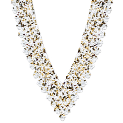 Beaded statement necklace, 'Queen of the Night' - Handmade Glass Beaded Statement Necklace in White and Gold