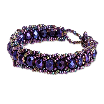 Beaded wristband bracelet, 'Purple Opulence' - Purple Glass Beaded Wristband Bracelet Handmade in Guatemala
