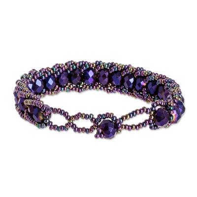 Beaded wristband bracelet, 'Purple Opulence' - Purple Glass Beaded Wristband Bracelet Handmade in Guatemala