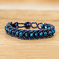 Beaded wristband bracelet, 'Blue Opulence' - Blue Glass Beaded Wristband Bracelet Handmade in Guatemala