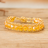 Beaded wristband bracelet, 'Golden Opulence' - Handmade Gold and Yellow Glass Beaded Wristband Bracelet
