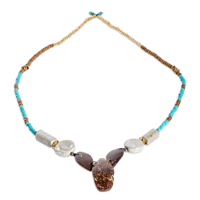 Coconut shell and ceramic beaded Y necklace, 'Fallen Leaves' - Handmade Coconut Shell Ceramic and Glass Beaded Y Necklace