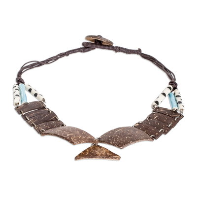 Collar llamativo de cáscara de coco y cerámica - Collar llamativo de cáscara de coco y cerámica con cordón de algodón