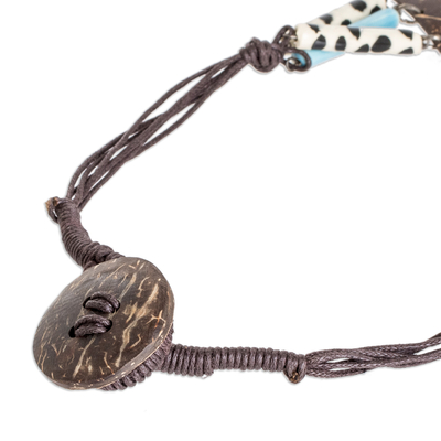 Coconut shell and ceramic statement necklace, 'Trendy Timber' - Coconut Shell & Ceramic Statement Necklace with Cotton Cord