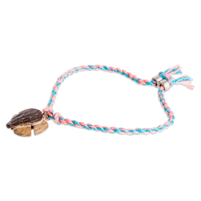 Coconut shell braided pendant bracelet, 'Delightful Turtle' - Cotton Braided Bracelet with Coconut Shell Turtle Pendant