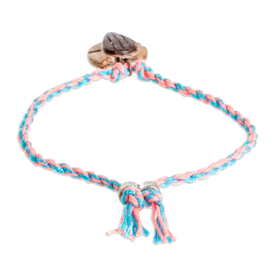 Coconut shell braided pendant bracelet, 'Delightful Turtle' - Cotton Braided Bracelet with Coconut Shell Turtle Pendant