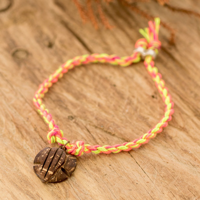 Coconut shell braided pendant bracelet, 'Lovely Turtle' - colourful Braided Bracelet with Coconut Shell Turtle Pendant