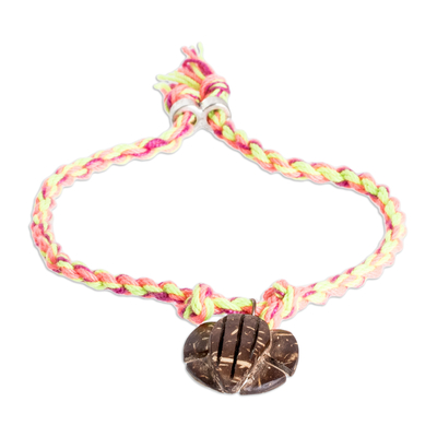 Coconut shell braided pendant bracelet, 'Lovely Turtle' - colourful Braided Bracelet with Coconut Shell Turtle Pendant