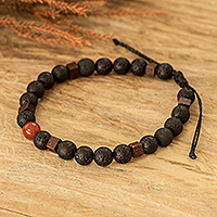 Men's carnelian and lava stone beaded diffuser bracelet, 'Absolute Vitality' - Men's Carnelian Lava Stone and Wood Beaded Diffuser Bracelet