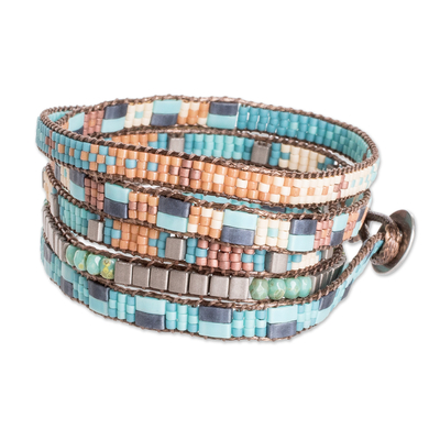 Beaded wrap bracelet, 'Lake Atitlan' - Handmade Turquoise and Brown Glass Beaded Wrap Bracelet