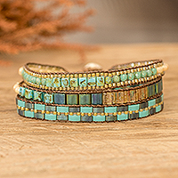 Beaded wristband bracelet, 'Guatemala's Breeze' - Handmade Turquoise and Green Glass Beaded Wristband Bracelet