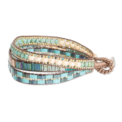 Beaded wristband bracelet, 'Guatemala's Breeze' - Handmade Turquoise and Green Glass Beaded Wristband Bracelet