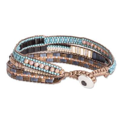 Beaded wristband bracelet, 'Nocturnal Beach' - Handmade Black and Turquoise Glass Beaded Wristband Bracelet