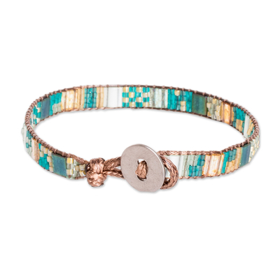Glass beaded wristband bracelet, 'Serene Lagoon' - Bohemian Turquoise and Green Glass Beaded Wristband Bracelet
