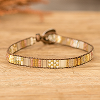 Glass beaded wristband bracelet, 'Tropical Sands' - Bohemian Golden and Ivory Glass Beaded Wristband Bracelet