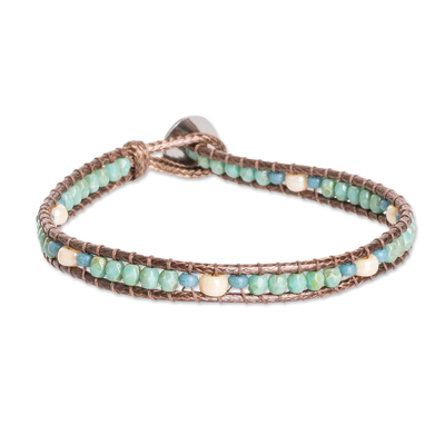 Glass beaded wristband bracelet, 'Tropical River' - Turquoise and Brown Glass Beaded Wristband Bracelet