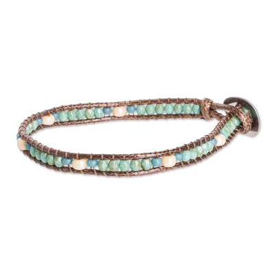 Glass beaded wristband bracelet, 'Tropical River' - Turquoise and Brown Glass Beaded Wristband Bracelet