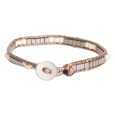 Beaded wristband bracelet, 'Coastal Beauty' - Handcrafted Beaded Wristband Bracelet in Grey White & Ivory