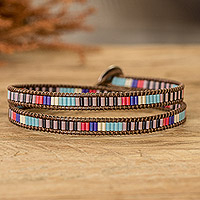 Glass beaded wrap bracelet, 'Dark Symphony' - Handcrafted Multicolour Glass Beaded Wrap Bracelet
