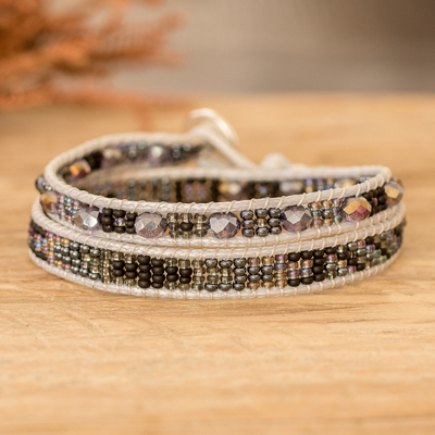 Positive energy bracelet, 'Chic Minimalism' - Handmade Black and Grey Beaded Positive Energy Wrap Bracelet