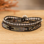 Positive energy bracelet, 'Trendy Makeover' - Beaded Positive Energy Long Wrap Bracelet in Black & Grey