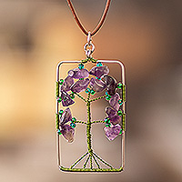 Amethyst pendant necklace, 'Sylvan Purple' - Tree-Themed Purple and Green Amethyst Pendant Necklace