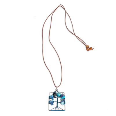 Collar colgante de lapislázuli y cuarzo - Collar con colgante de cuarzo y lapislázuli azul con temática de árbol
