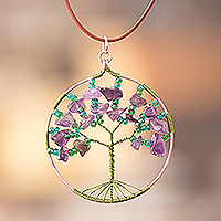 Halskette mit Amethyst-Anhänger, „Amethyst World“ – runde Halskette mit natürlichem Amethyst-Anhänger im Baum-Design