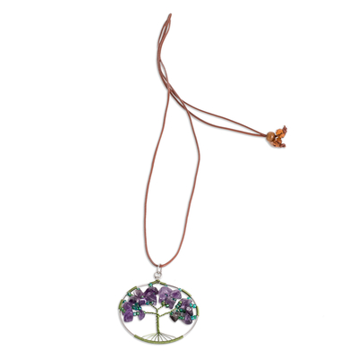 Amethyst pendant necklace, 'Amethyst World' - Tree-Themed Round Natural Amethyst Pendant Necklace