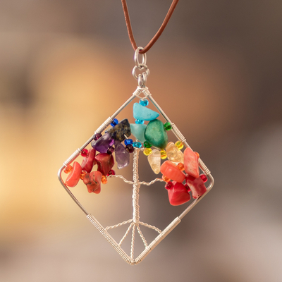 Multi-gemstone pendant necklace, 'Nature's Rainbow Diamond' - Diamond-Shaped Tree-Themed Multi-Gemstone Pendant Necklace