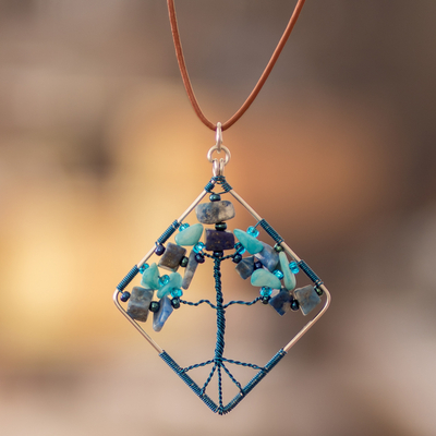 Jasper and quartz pendant necklace, 'Nature's Blue Diamond' - Diamond-Shaped Blue Jasper and Quartz Pendant Necklace
