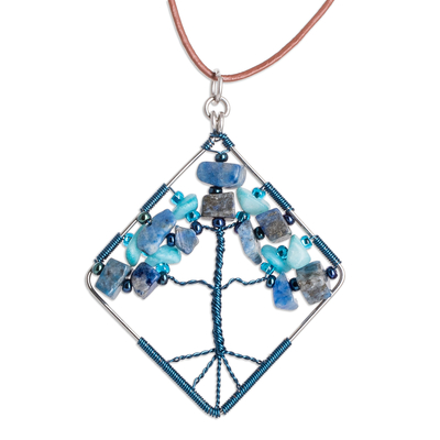 Jasper and quartz pendant necklace, 'Nature's Blue Diamond' - Diamond-Shaped Blue Jasper and Quartz Pendant Necklace