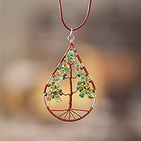 Peridot pendant necklace, 'Drop of Life in Green' - Drop-Shaped Tree-Themed Natural Peridot Pendant Necklace
