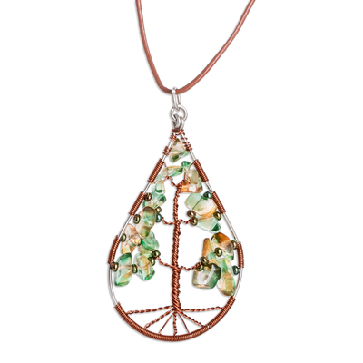 Peridot pendant necklace, 'Drop of Life in Green' - Drop-Shaped Tree-Themed Natural Peridot Pendant Necklace